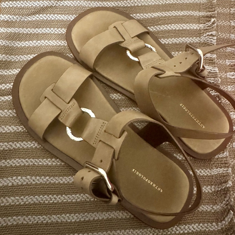 Anthropologie Tan Leather Buckle Sandals